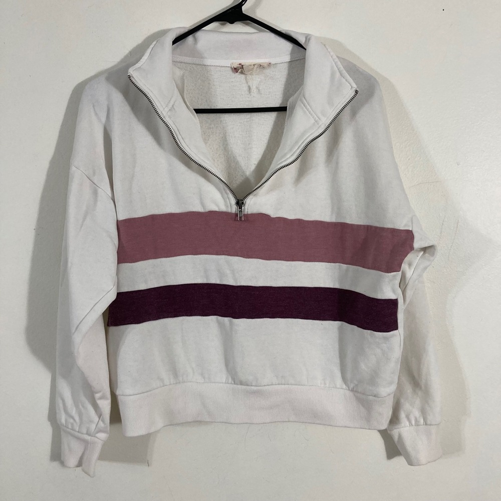 Hippie Rose Sweatshirt Womens Medium White Striped Quarter Zip Pullover